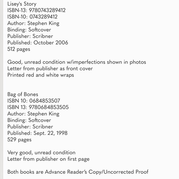 Stephen King “Lisey’s Story” & “Bag of Bones” Uncorrected Proof Paperback Books - Picture 11 of 11